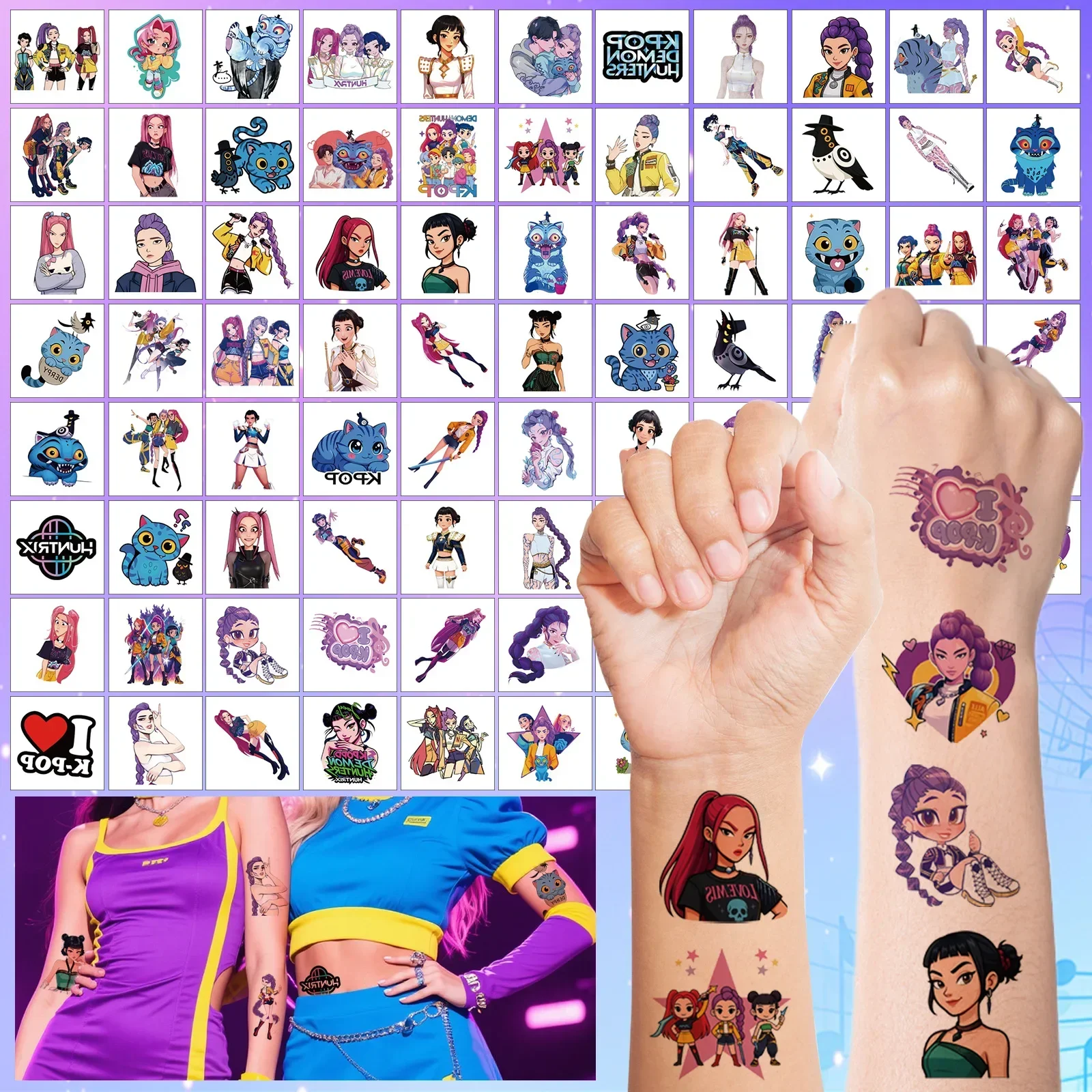 Kpop Demon Hunter Variant Character Temporary Tattoos – 50pcs Anime Tattoo Sticker Set